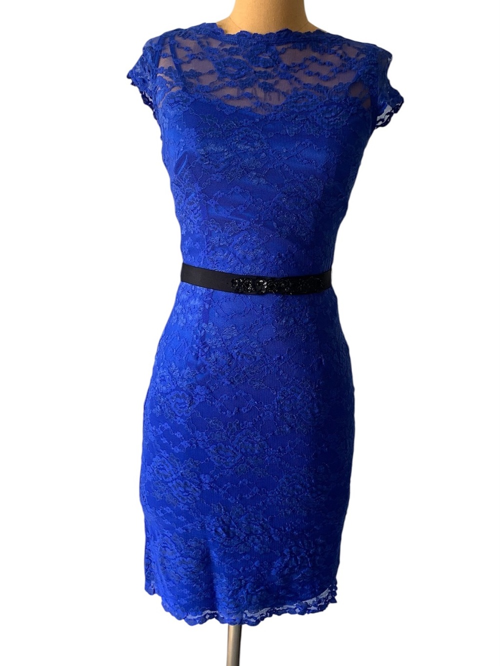 le chateau Cobalt Blue Lace Midi Dress with Black Belt